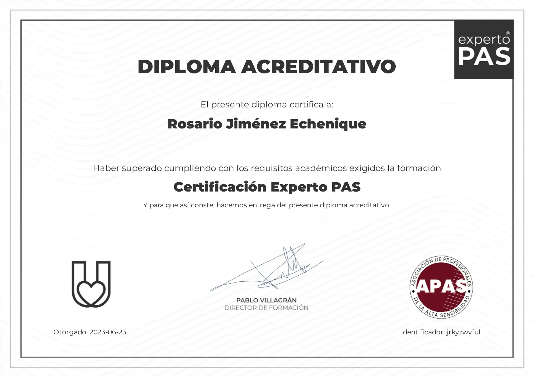 Certificación Experto PAS de Rosario Jiménez Echenique
